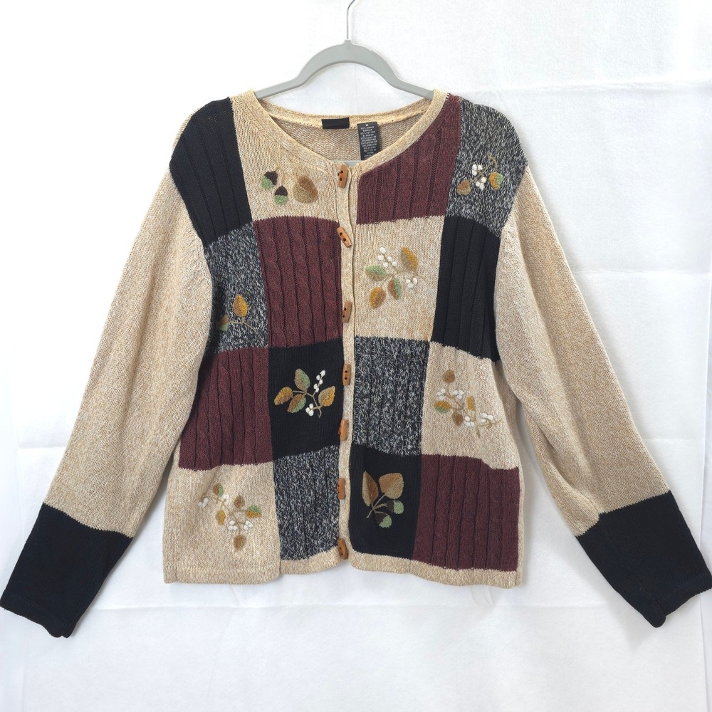 Erika Cardigan Sweater Women M Ramie Cotton Patchwork Embroidered Cottagecore